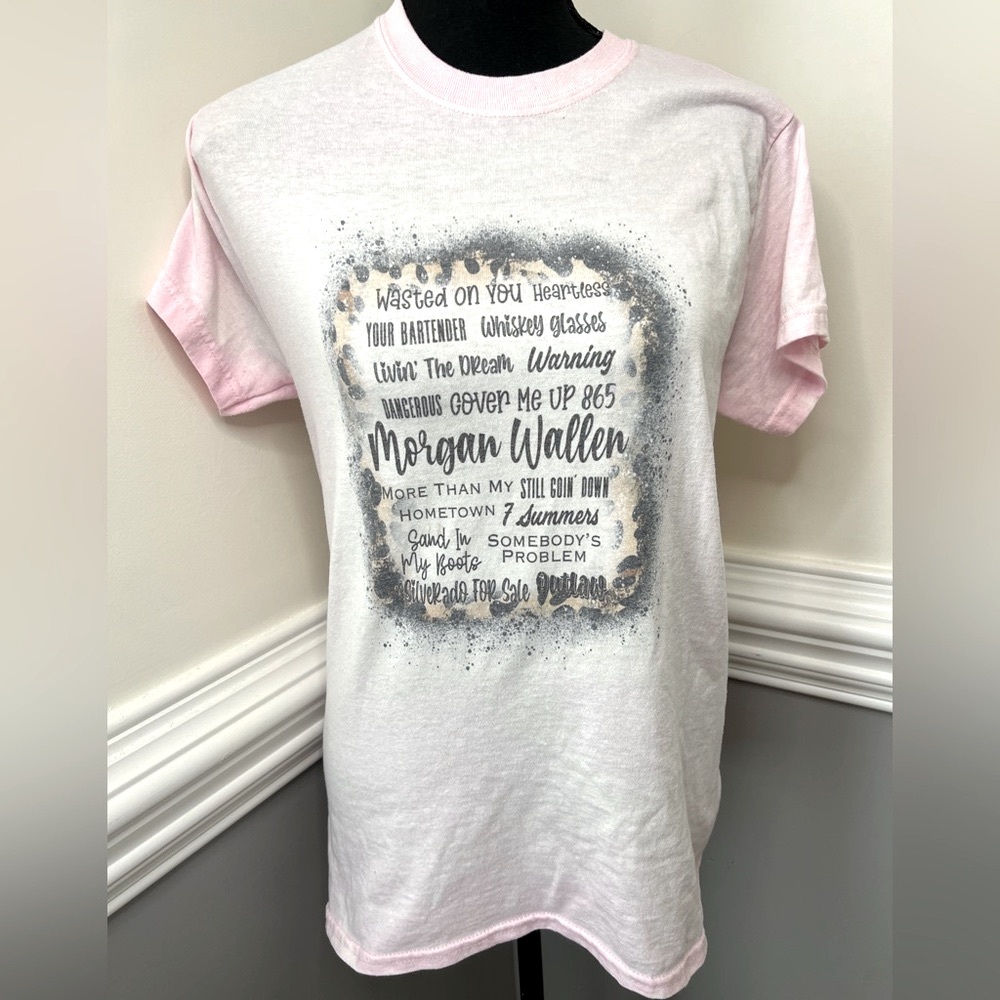 MORGAN WALLEN song titles Pink and white T-shirt womens size small